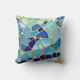Sea of Waves Blue and Gold Mosaic Fine Art Cushion