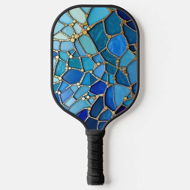 Sea of Waves Blue and Gold Mosaic Fine Art Pickleball Paddle (Front)