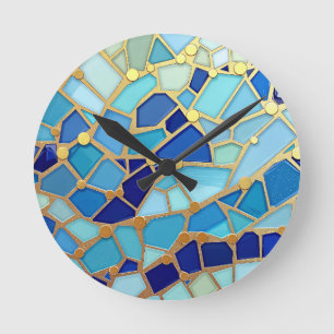 Sea of Waves Blue and Gold Mosaic Fine Art Round Clock