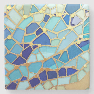 Sea of Waves Blue and Gold Mosaic Fine Art Stone Coaster