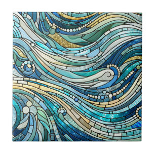 Sea of Waves Teal Mosaic Fine Art Ceramic Tile