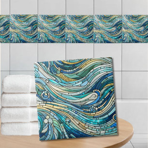 Sea of Waves Teal Mosaic Fine Art Ceramic Tile