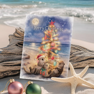 Sea Otter Driftwood Tree Beach Christmas Holiday Card