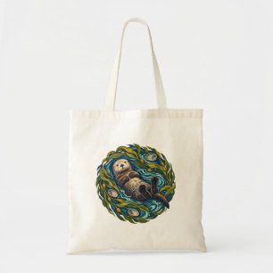 Sea Otter Kelp Garden Linocut Tote Bag