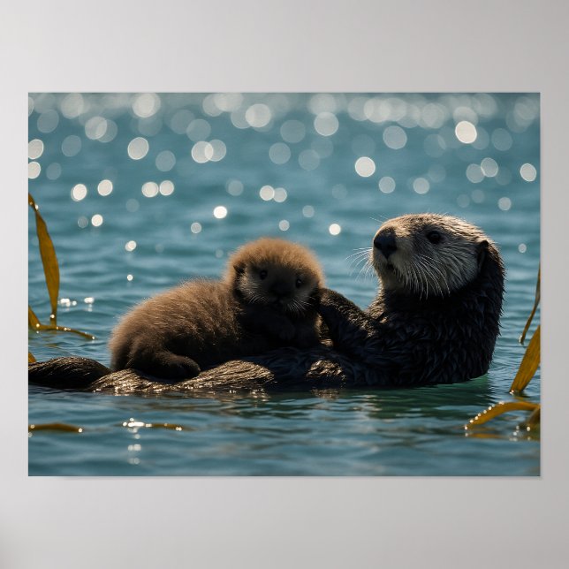Sea Otter Mom & Pup Floating in Sparkling Ocean  Poster (Front)