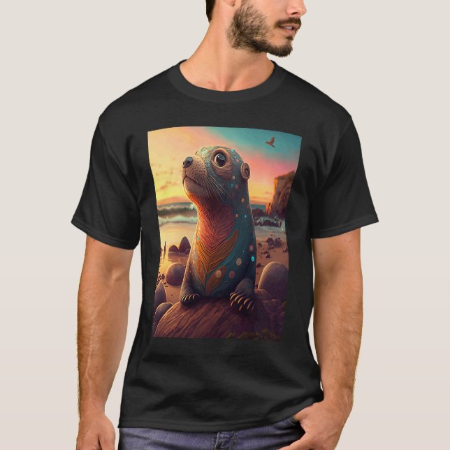 Sea Otter  Retro Sunset Cute Otter T-Shirt (Front)