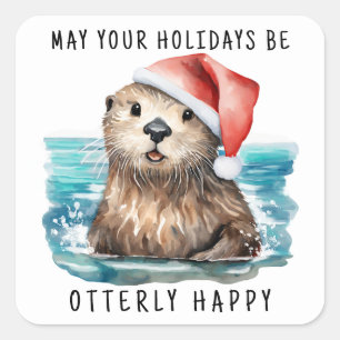 Sea Otter Santa Coastal Christmas Square Sticker
