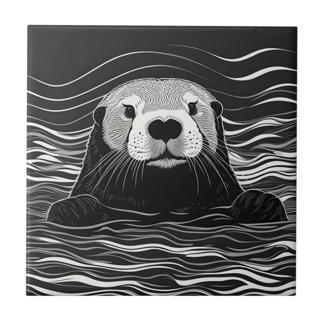 Sea Otter Swimming Ceramic Tile (Front)