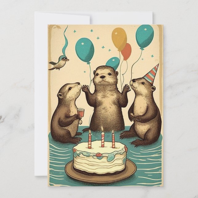 Sea Otters Birthday Party Flat Greeting Card (Front)