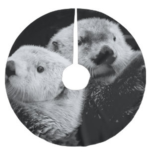 Sea Otters: Black White Pair. Brushed Polyester Tree Skirt