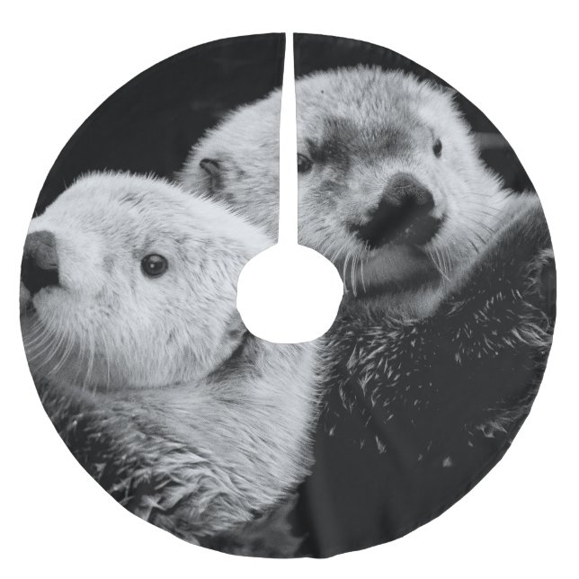 Sea Otters: Black White Pair. Brushed Polyester Tree Skirt (Front)