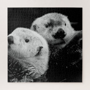 Sea Otters: Black White Pair. Jigsaw Puzzle