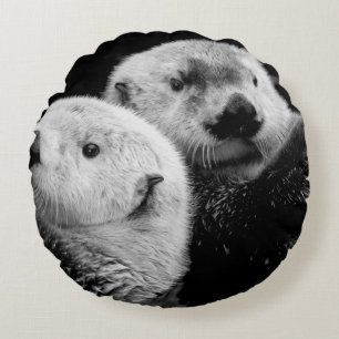 Sea Otters: Black White Pair. Round Cushion