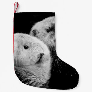 Sea Otters: Black White Pair. Small Christmas Stocking