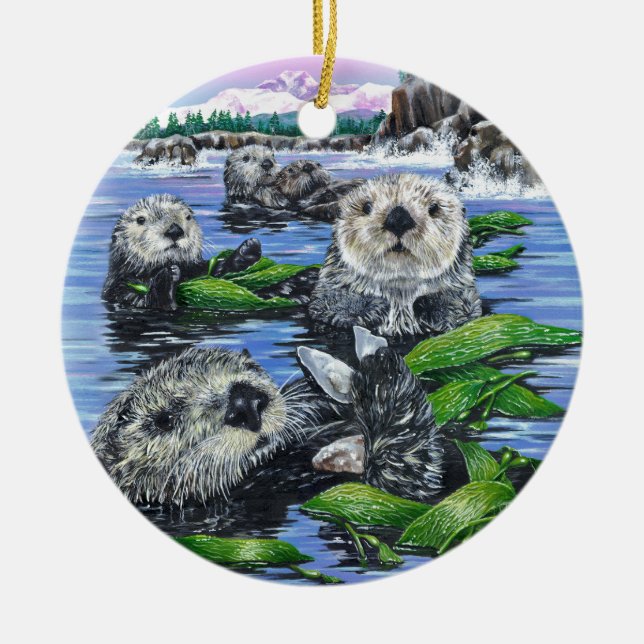 Sea Otters in Kelp Ceramic Ornament (Front)