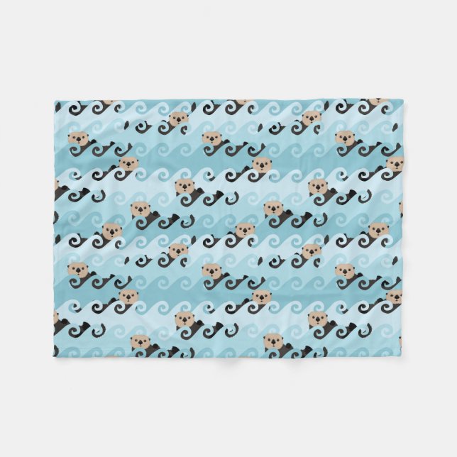 Sea Otters Riding the Waves Fleece Blanket (Front (Horizontal))