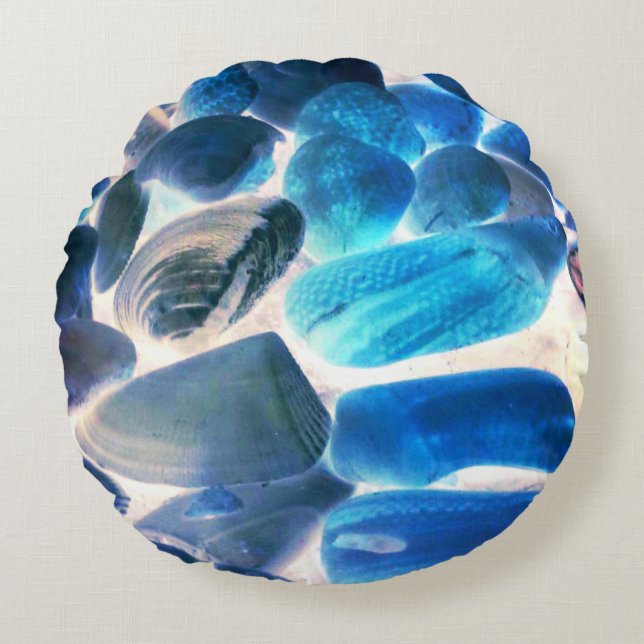 Sea oyster shell, colours changed blue to grey round cushion (Front)
