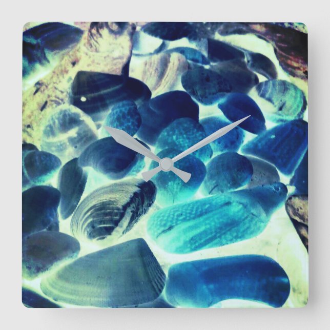 Sea oyster shell, colours changed blue to grey square wall clock (Front)