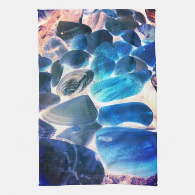 Sea oyster shell, colours changed blue to grey tea towel (Vertical)