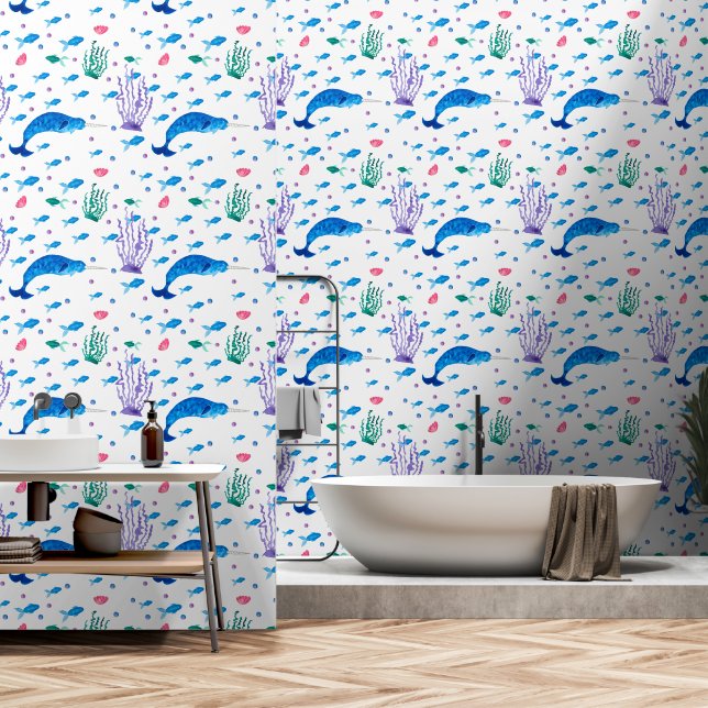 Sea Plants and Blue Whale Wallpaper (Bathroom)