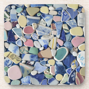 Sea pottery, beach glass, blue photo coasters