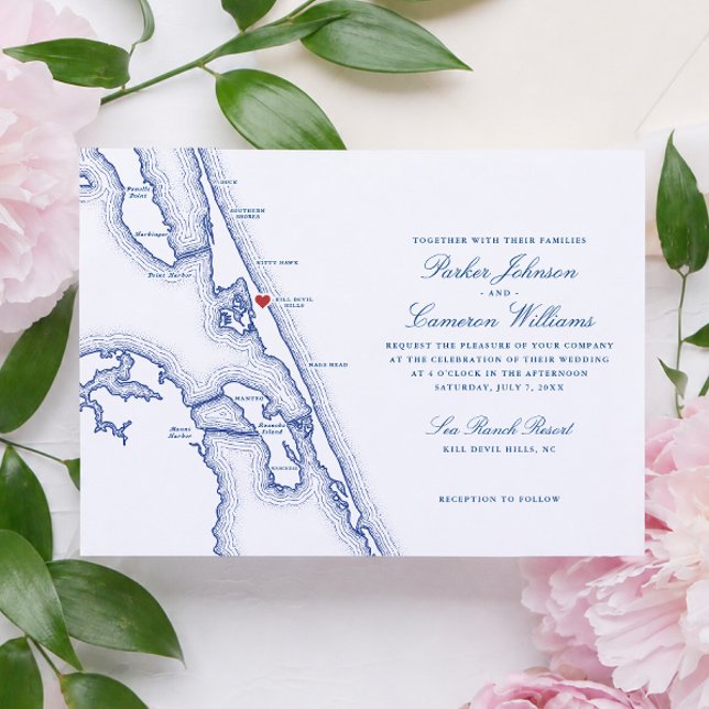 Sea Ranch Resort Wedding Outer Banks Map Navy Blue Invitation (Sea Ranch Resort Wedding invitation with Devil Hills NC Outer Banks Map navy blue Coastal Map Design)