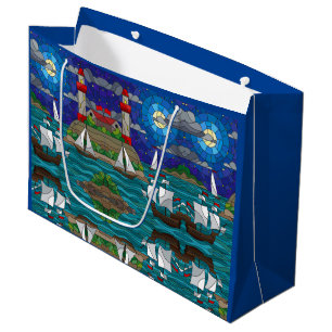 Sea Red Lighthouse Sailing Ships Shore Starry Sky Large Gift Bag