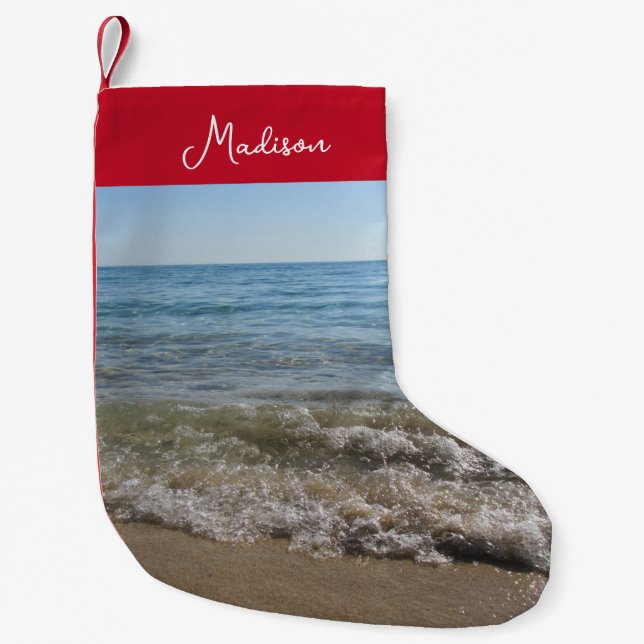 Sea & Sand Beach Waves Personalised Name Small Christmas Stocking (Front)