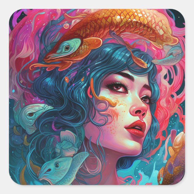 Sea Serpent Hair Lady Fantasy Art Square Sticker (Front)