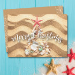 Sea Shell Christmas Tree in Sand Flat Holiday Card<br><div class="desc">Sea shells and a red starfish form a Christmas tree in the sand on these flat,  non-photo cards and have your personalised greeting and names on the back. Select Matte for heaviest paper and high definition for best print quality.</div>