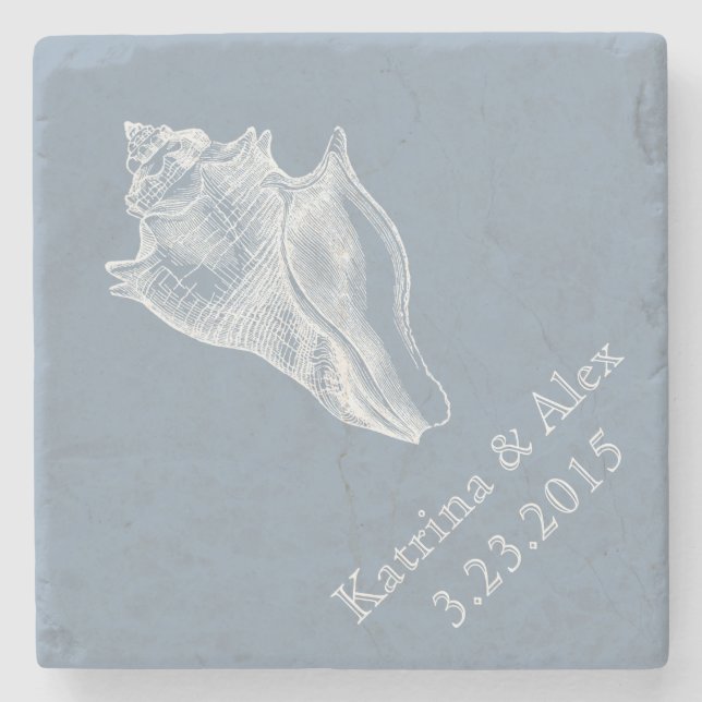 Sea Shell Dusty Blue Beach Stone Coaster (Front)