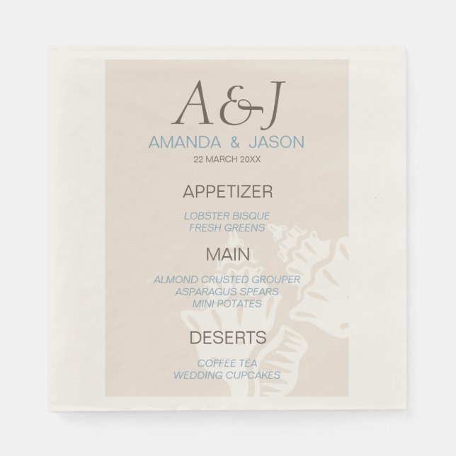 Sea Shell Menu Beach Wedding Paper Napkins (Front)
