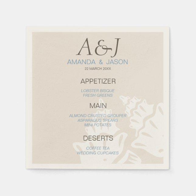 Sea Shell Menu Beach Wedding Paper Napkins (Front)