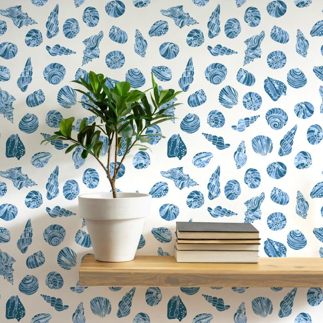 Sea Shell Nautical Coastal Blue and White Wallpaper (Sea shell watercolor pattern coastal nautical aesthetic wallpaper)
