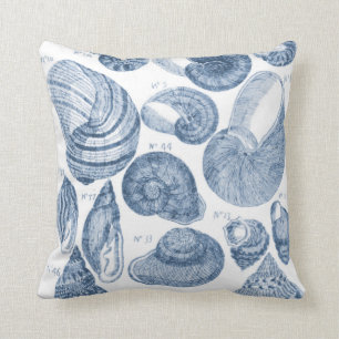 Sea Shell Sketch, Blue & White Throw Pillow