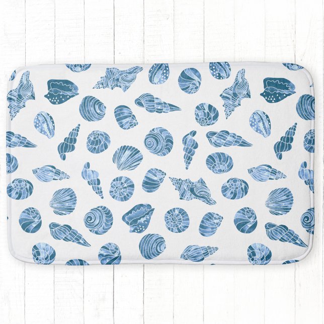 Sea Shell Watercolor Nautical Coastal Blue Bath Mat (Sea shell watercolor pattern blue and white bath mat with a coastal nautical feel)