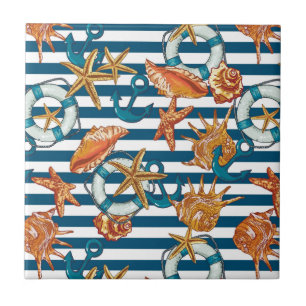 Sea Shells And Anchor Pattern Ceramic Tile