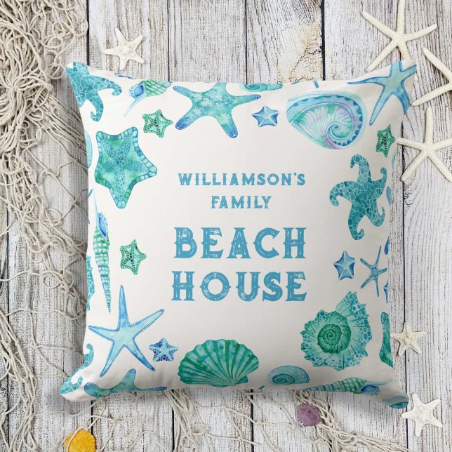 Sea Shells and Starfish Family Beach House  Cushion (Sea Shells and Starfish Family Beach House Throw Pillow)