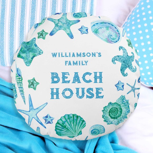 Sea Shells and Starfish Family Beach House  Round Cushion (Sea Shells and Starfish Family Beach House Round Pillow)