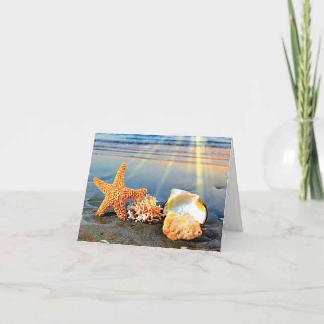 Sea shells and starfish on beach card (Front)