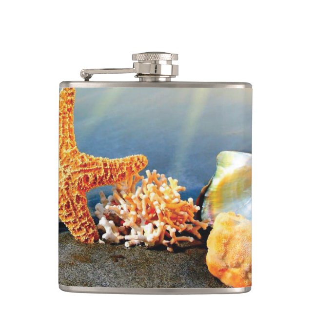 Sea shells and starfish on beach hip flask (Front)