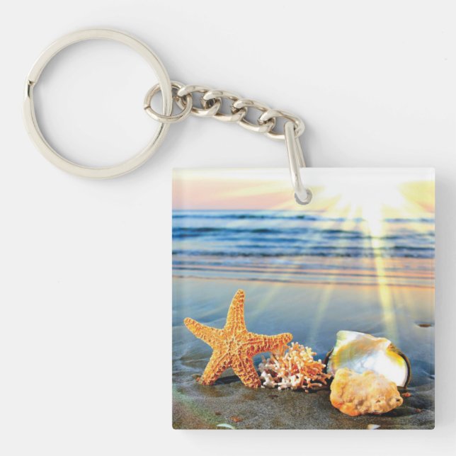 Sea shells and starfish on beach key ring (Front)