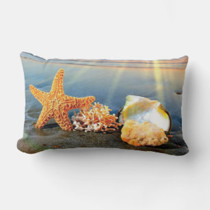 Sea shells and starfish on beach lumbar cushion