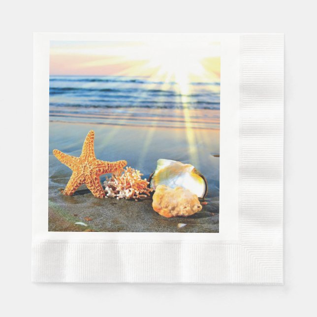Sea shells and starfish on beach napkin (Front)