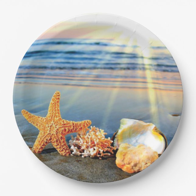 Sea shells and starfish on beach paper plate (Front)