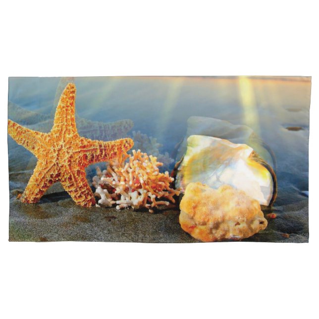 Sea shells and starfish on beach pillowcase (Front-Left)