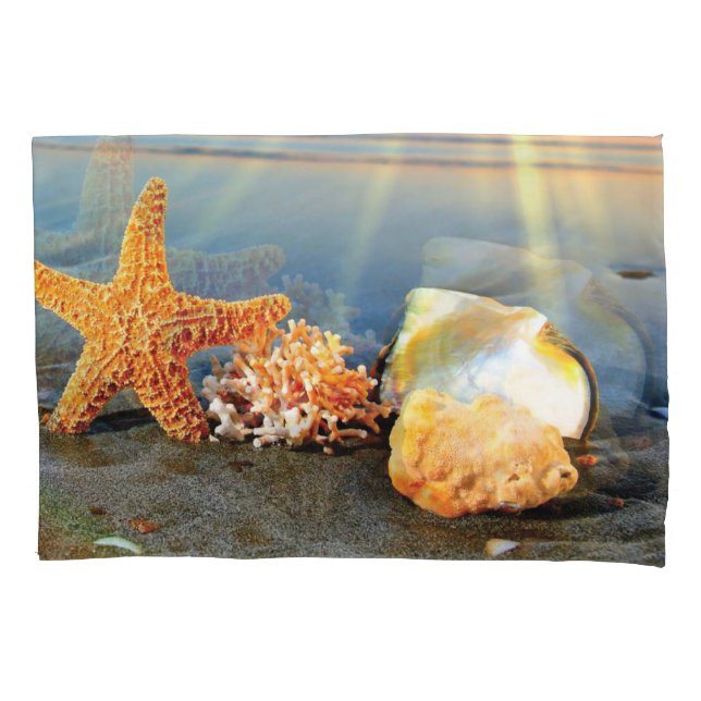 Sea shells and starfish on beach pillowcase (Front)