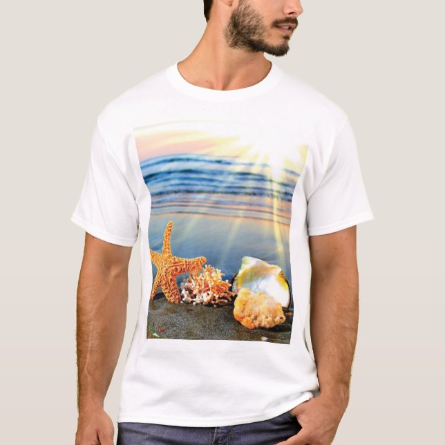Sea shells and starfish on beach T-Shirt (Front)