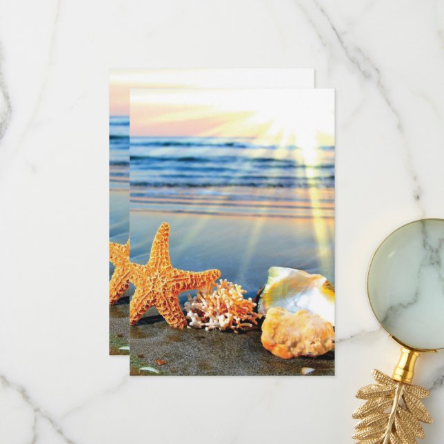 Sea shells and starfish on beach thank you card (Front/Back In Situ)