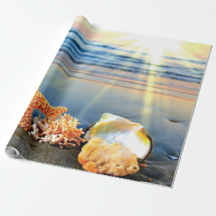 Sea shells and starfish on beach wrapping paper